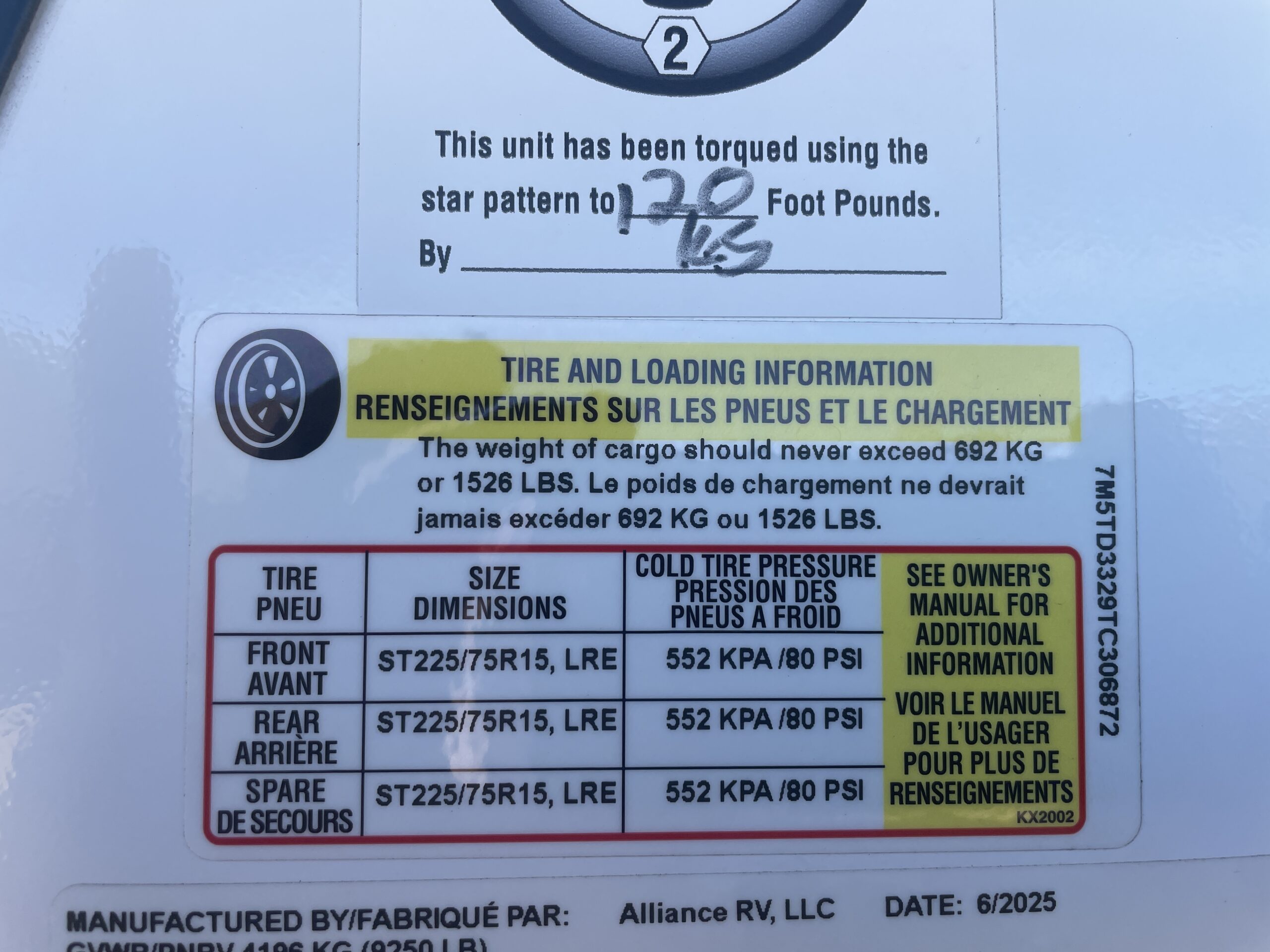 Travel Trailer Tires Placard